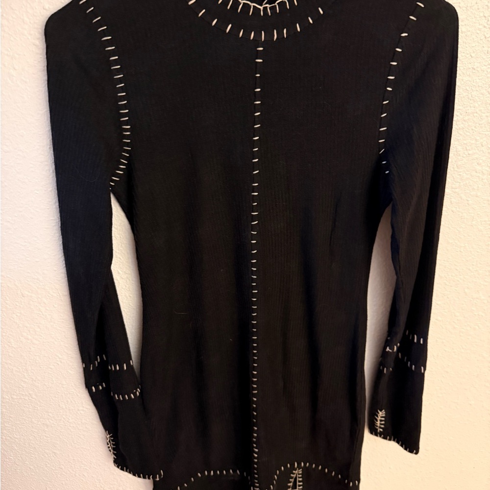 Free People Black Long-Sleeve Top with White Stitch Trim - Picture 1 of 3